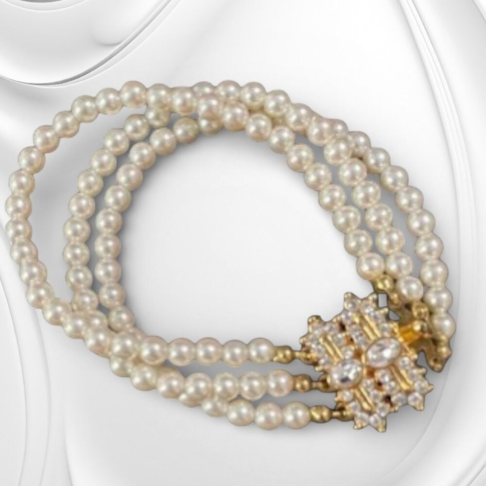 Vintage Triple Strand Faux Pearl Gold Tone Bracelet Ornate Box Clasp